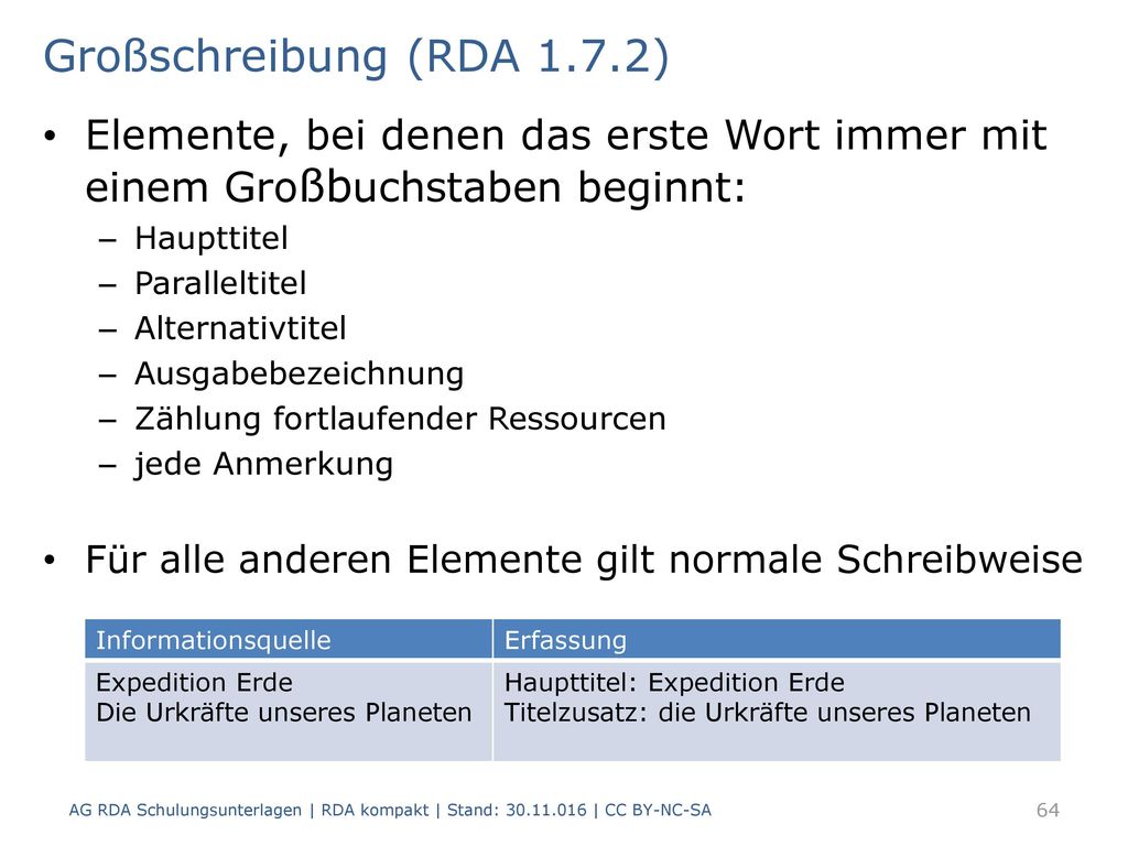 Großschreibung (RDA 1.7.2) Elemente, bei denen das erste Wort immer mit einem Großbuchstaben beginnt: