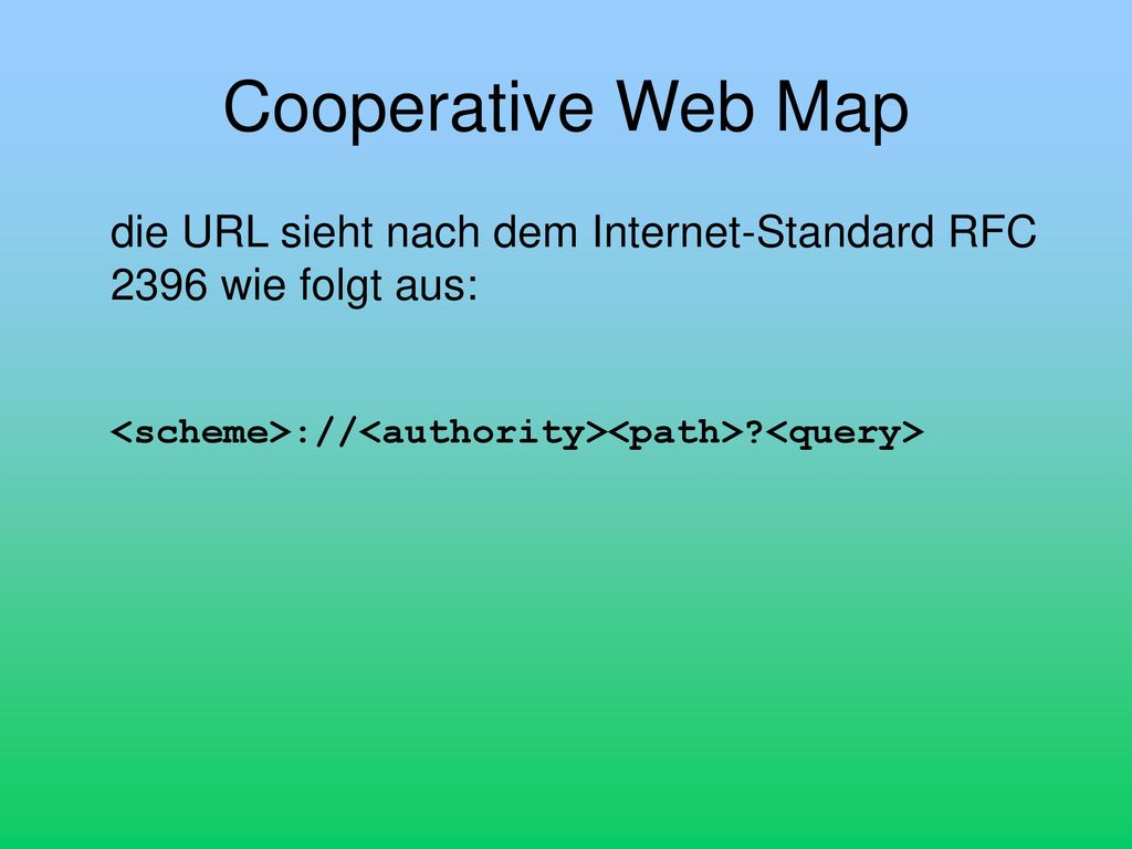 Cooperative Web Map die URL sieht nach dem Internet-Standard RFC 2396 wie folgt aus: <scheme>://<authority><path> <query>