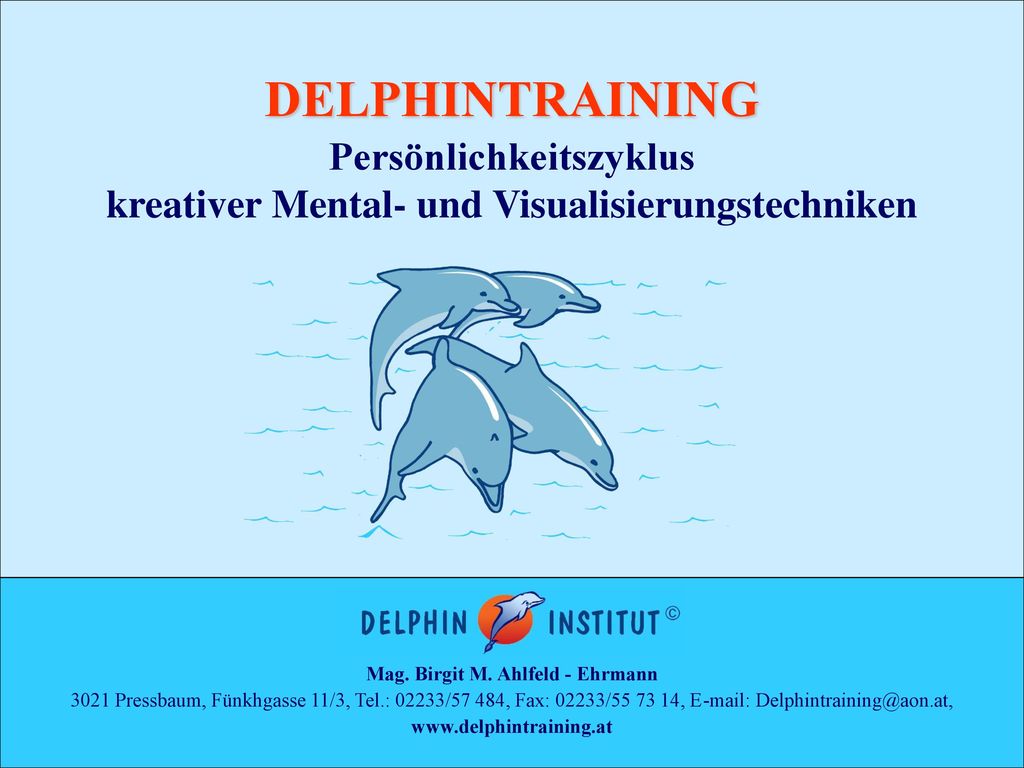 DELPHINTRAINING Persönlichkeitszyklus kreativer Mental- und Visualisierungstechniken. Mag. Birgit M. Ahlfeld - Ehrmann.