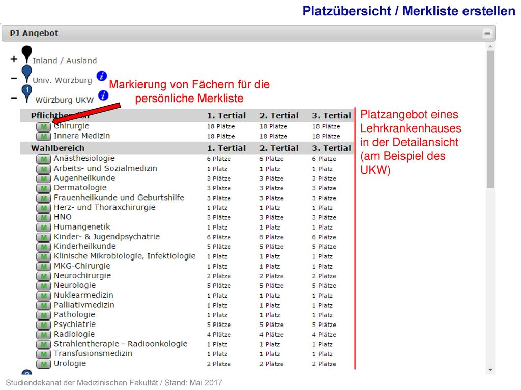 Markierung von Fächern für die persönliche Merkliste