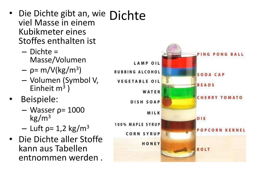 Die Dichte gibt an, wie viel Masse in einem Kubikmeter eines Stoffes enthalten ist