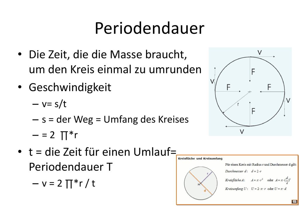 Periodendauer Die Zeit, die die Masse braucht, um den Kreis einmal zu umrunden. Geschwindigkeit. v= s/t.