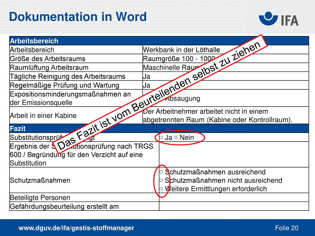 Dokumentation in Word Das Fazit ist vom Beurteilenden selbst zu ziehen