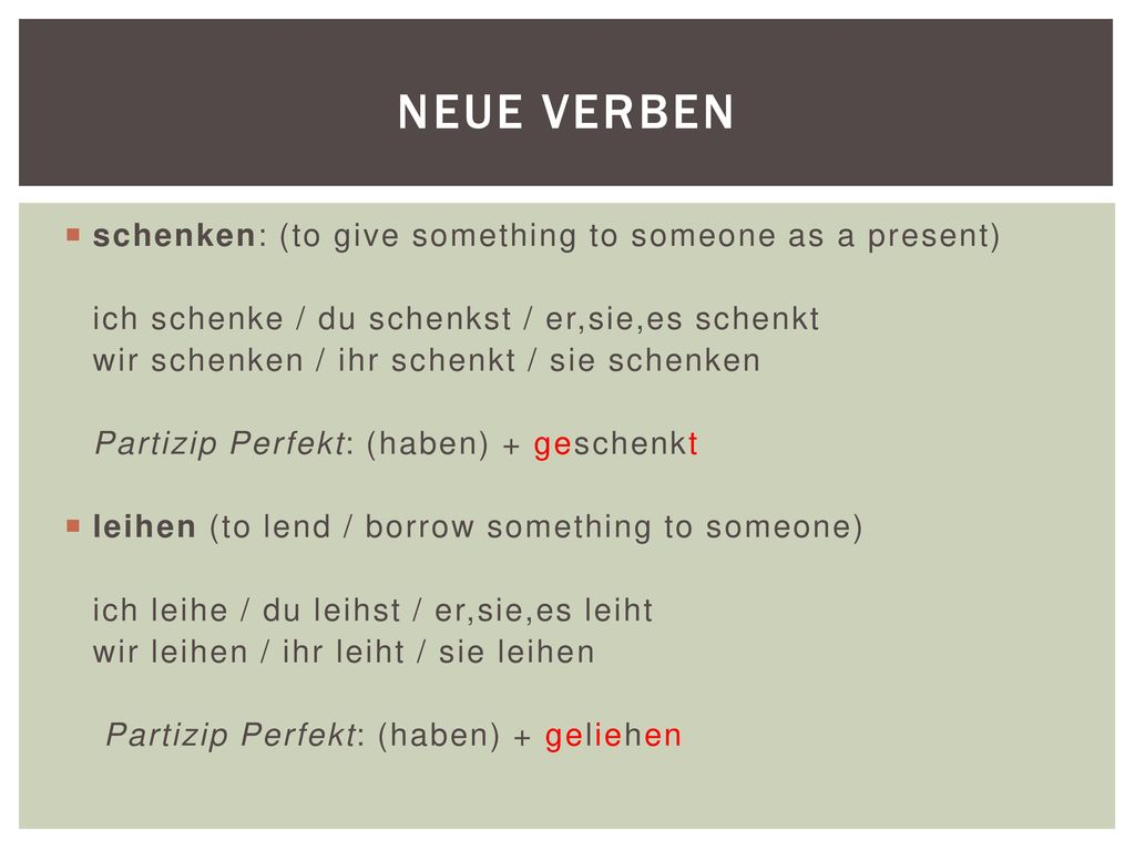 Neue verben schenken: (to give something to someone as a present)