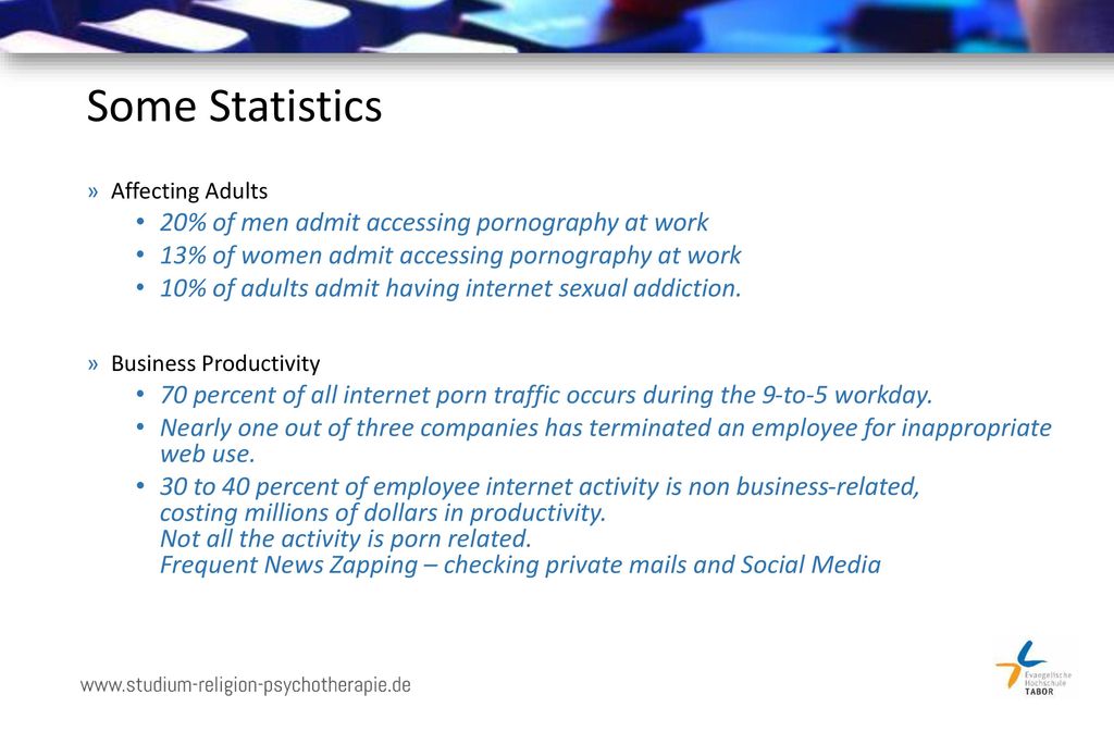 Some Statistics 20% of men admit accessing pornography at work