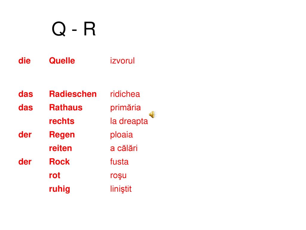 Q - R die Quelle izvorul das Radieschen ridichea das Rathaus primăria