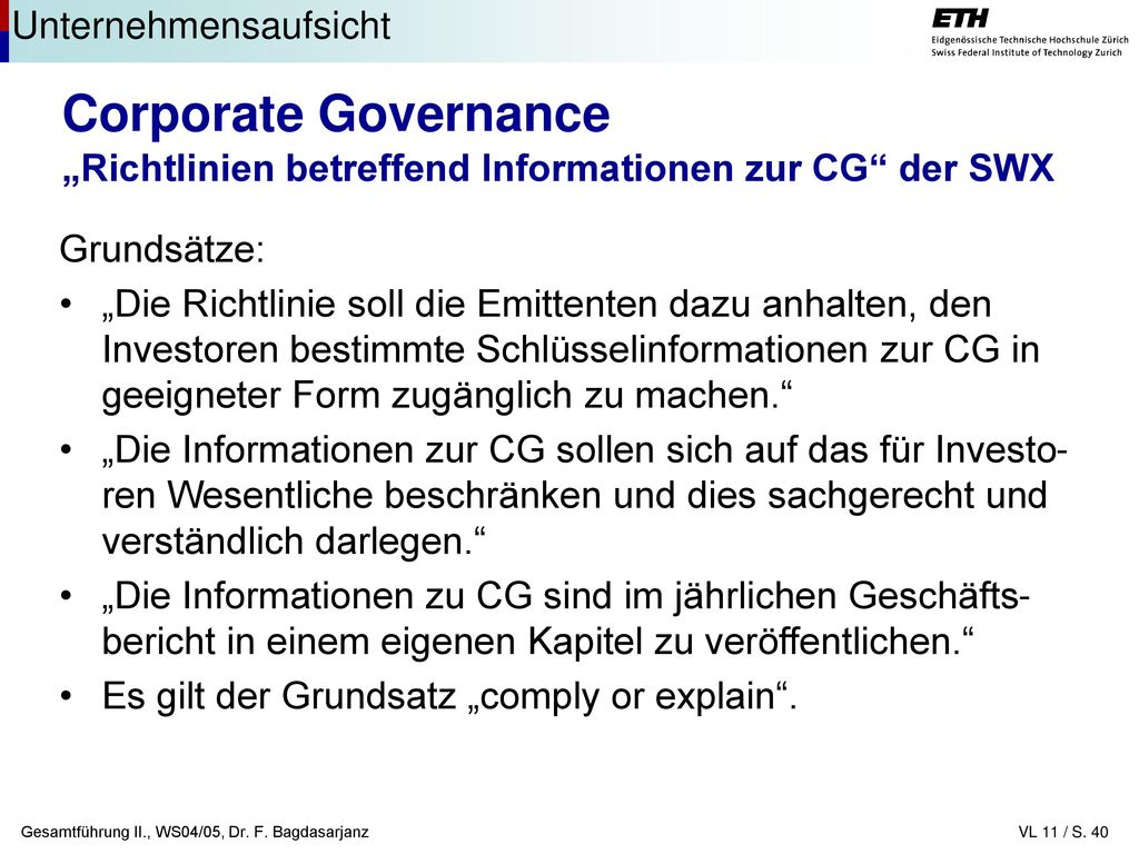 Corporate Governance „Richtlinien betreffend Informationen zur CG der SWX