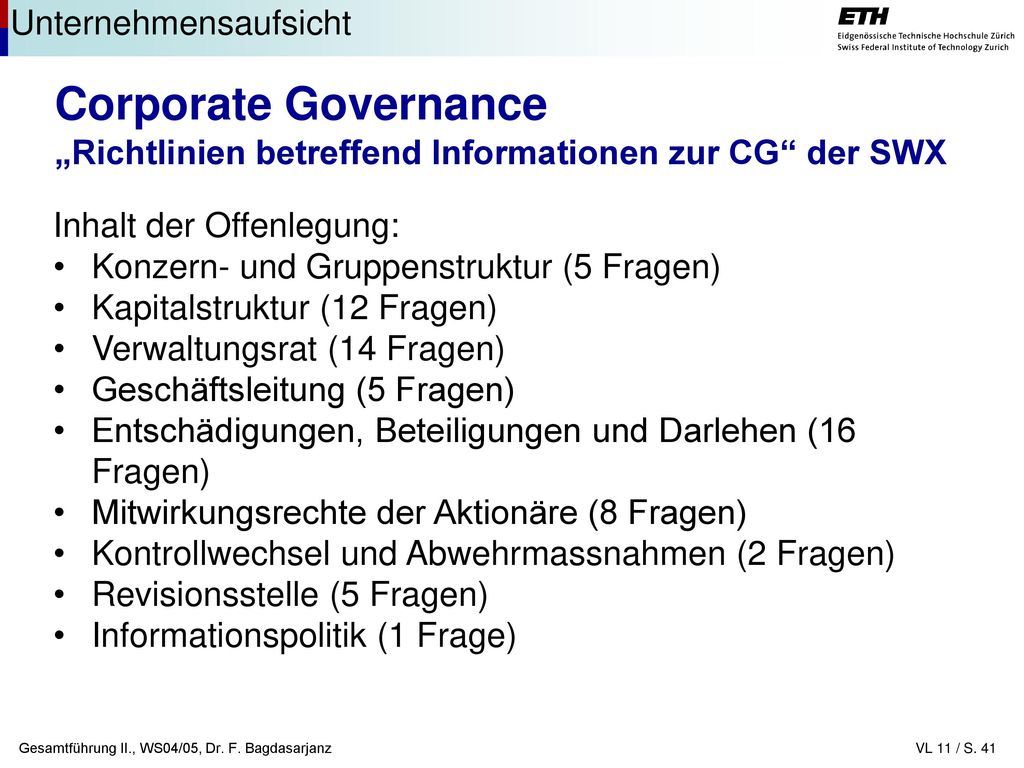 Corporate Governance „Richtlinien betreffend Informationen zur CG der SWX