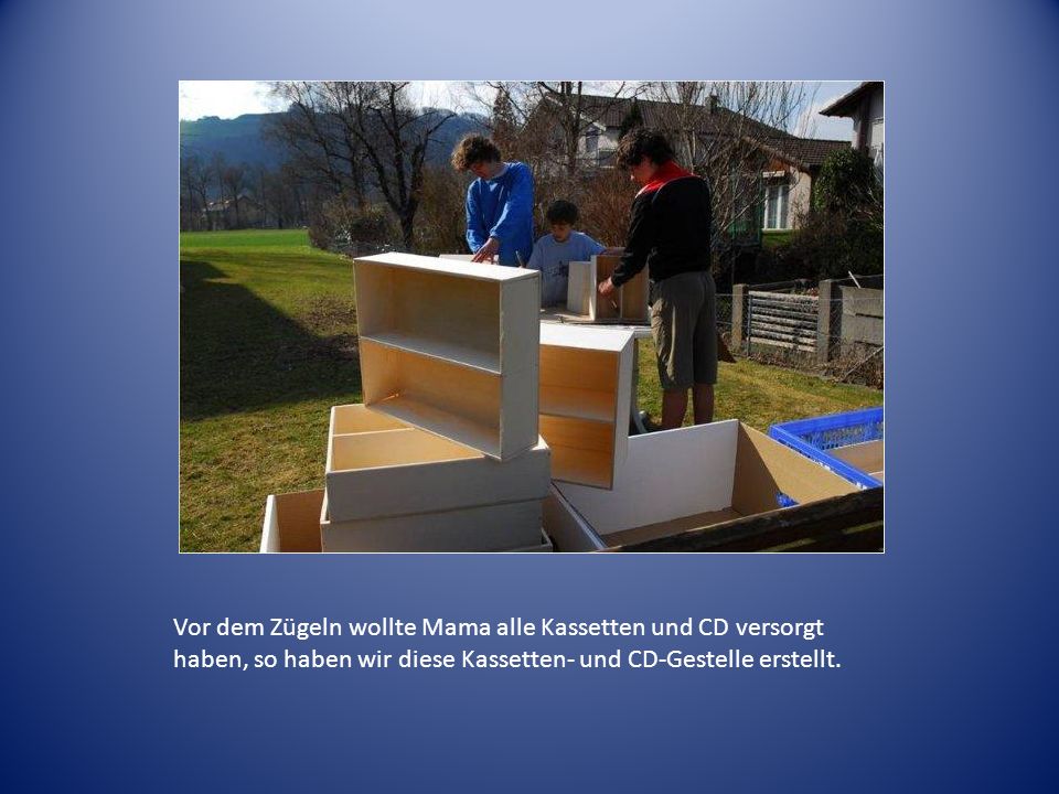 Vor dem Zügeln wollte Mama alle Kassetten und CD versorgt haben, so haben wir diese Kassetten- und CD-Gestelle erstellt.