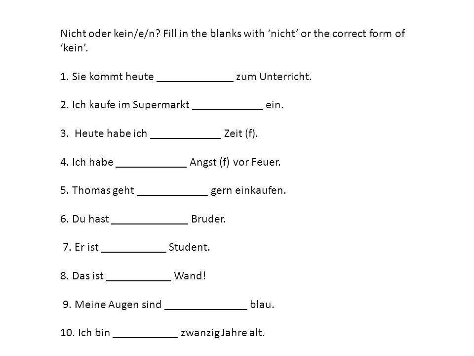 Nicht oder kein/e/n Fill in the blanks with ‘nicht’ or the correct form of ‘kein’.