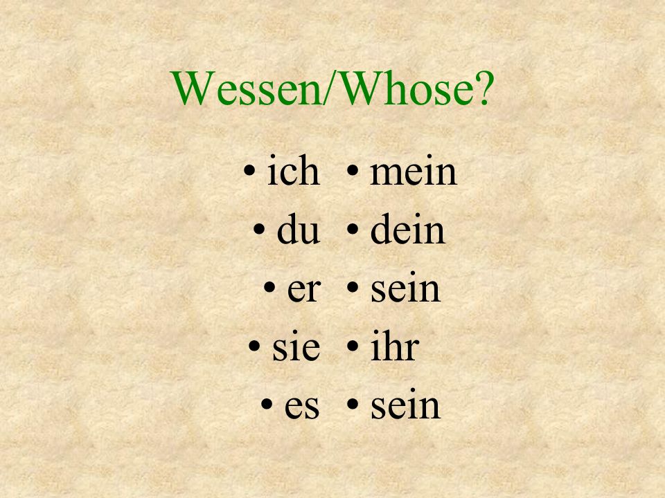 Wessen/Whose ich du er sie es mein dein sein ihr