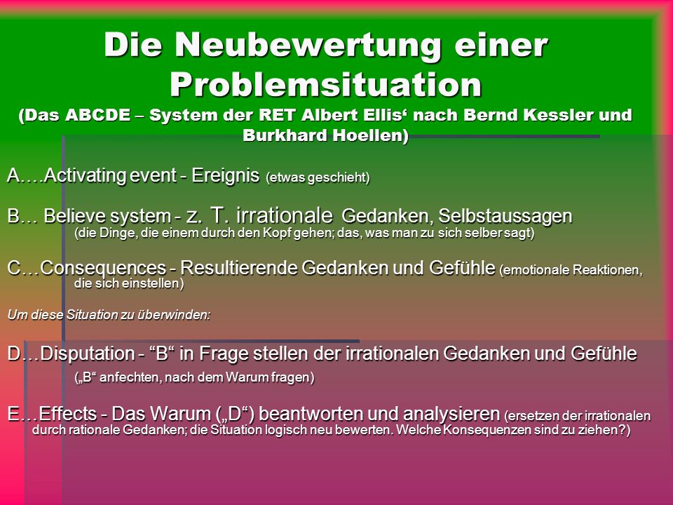 Die Neubewertung einer Problemsituation (Das ABCDE – System der RET Albert Ellis‘ nach Bernd Kessler und Burkhard Hoellen)