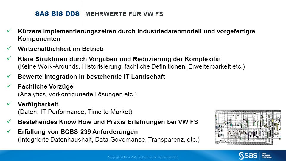 SAS BIS DDS Mehrwerte für VW FS. Kürzere Implementierungszeiten durch Industriedatenmodell und vorgefertigte Komponenten.