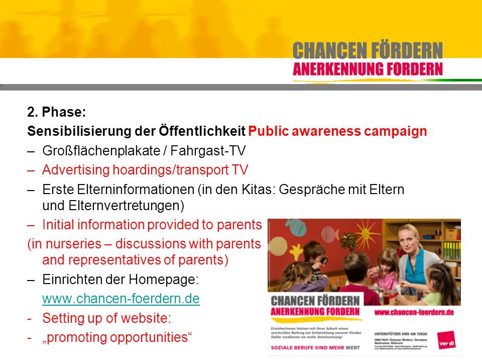 2. Phase: Sensibilisierung der Öffentlichkeit Public awareness campaign. Großflächenplakate / Fahrgast-TV.
