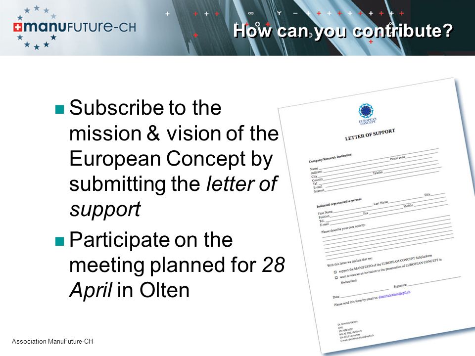 Participate on the meeting planned for 28 April in Olten