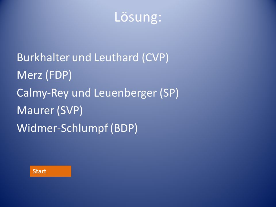 Lösung: Burkhalter und Leuthard (CVP) Merz (FDP) Calmy-Rey und Leuenberger (SP) Maurer (SVP) Widmer-Schlumpf (BDP)