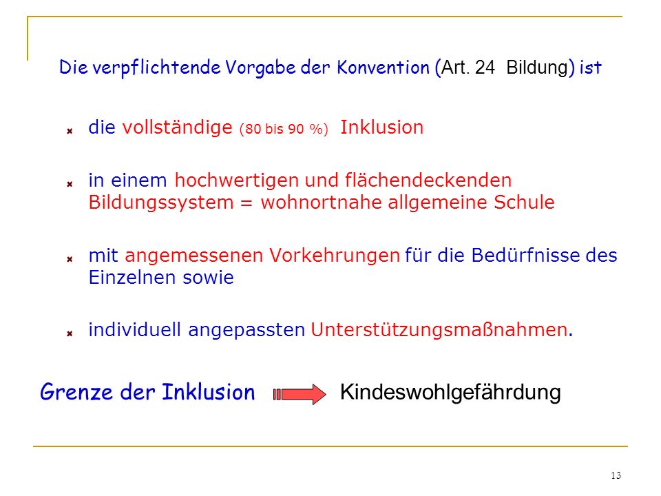 Die verpflichtende Vorgabe der Konvention (Art. 24 Bildung) ist