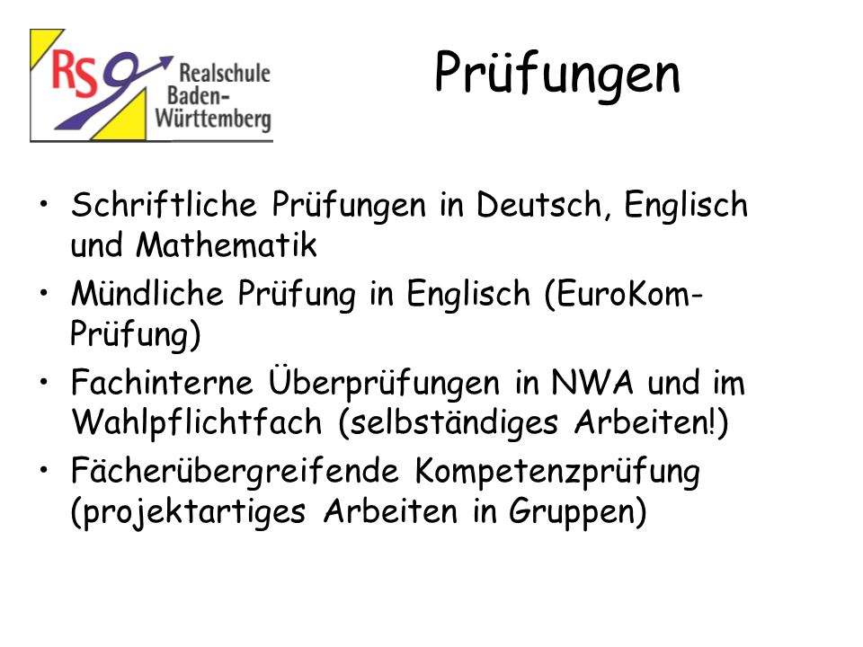 Prüfungen Schriftliche Prüfungen in Deutsch, Englisch und Mathematik