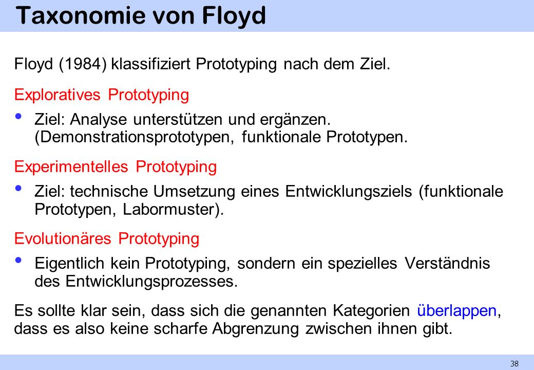 Taxonomie von Floyd Floyd (1984) klassifiziert Prototyping nach dem Ziel. Exploratives Prototyping.
