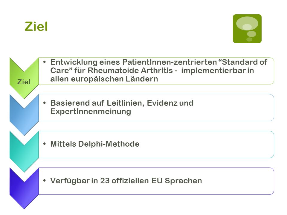Ziel Ziel. Entwicklung eines PatientInnen-zentrierten Standard of Care für Rheumatoide Arthritis - implementierbar in allen europäischen Ländern.