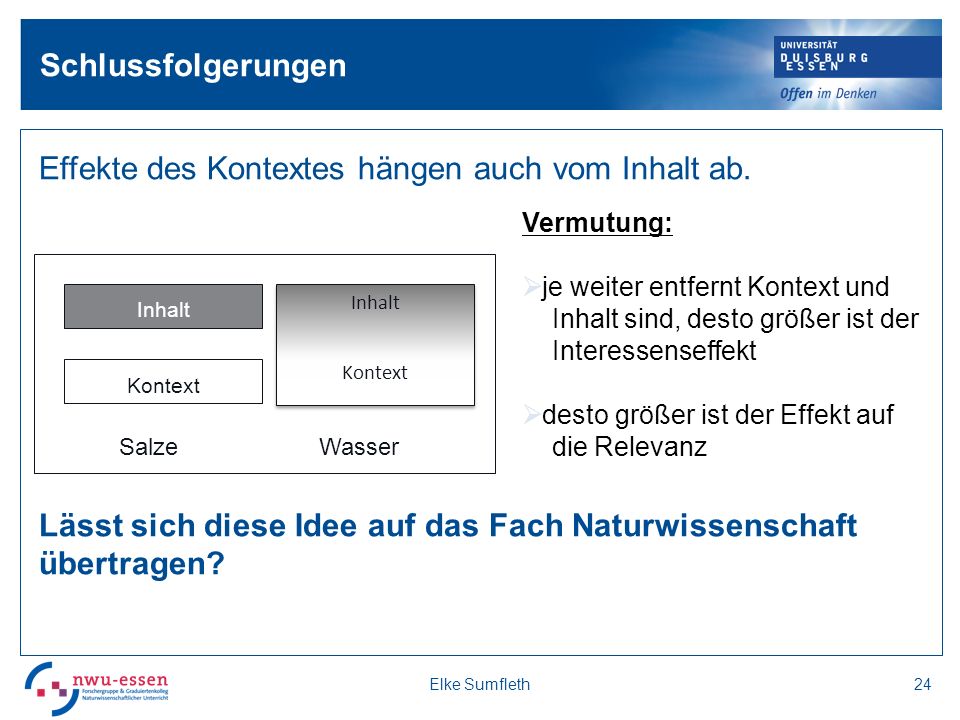 Schlussfolgerungen Effekte des Kontextes hängen auch vom Inhalt ab. Lässt sich diese Idee auf das Fach Naturwissenschaft übertragen