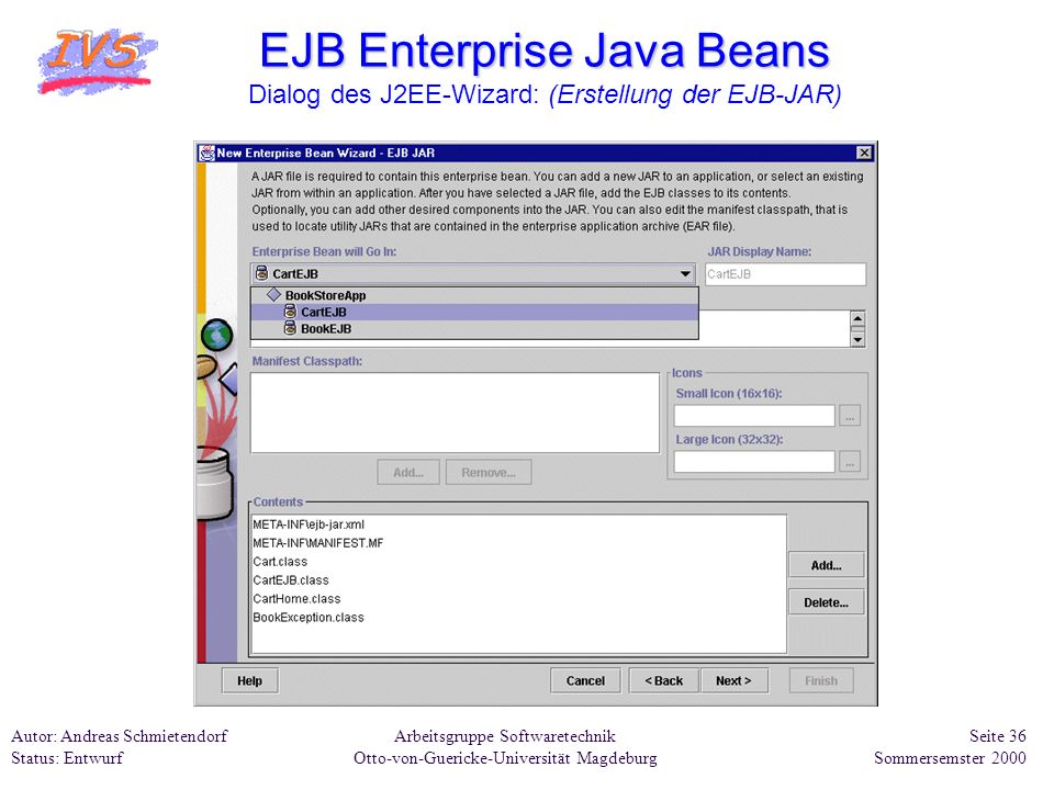 EJB Enterprise Java Beans Dialog des J2EE-Wizard: (Erstellung der EJB-JAR)