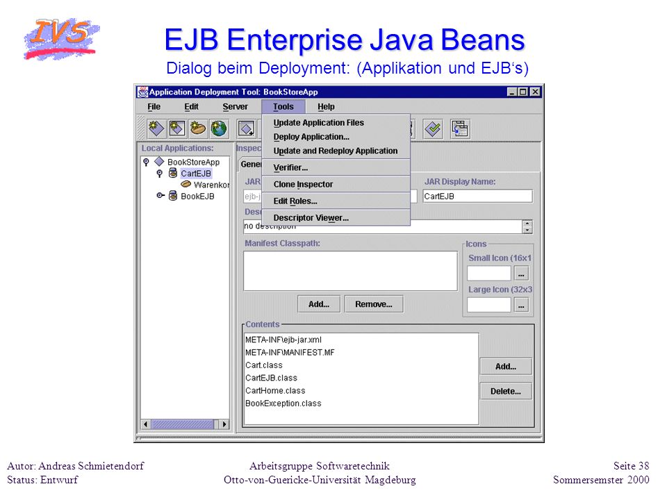 EJB Enterprise Java Beans Dialog beim Deployment: (Applikation und EJB‘s)
