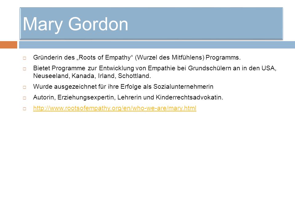 Mary Gordon Gründerin des „Roots of Empathy (Wurzel des Mitfühlens) Programms.