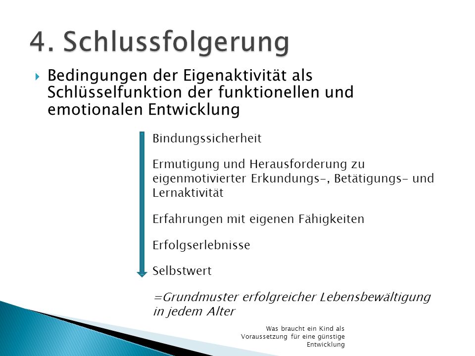 4. Schlussfolgerung Bedingungen der Eigenaktivität als Schlüsselfunktion der funktionellen und emotionalen Entwicklung.