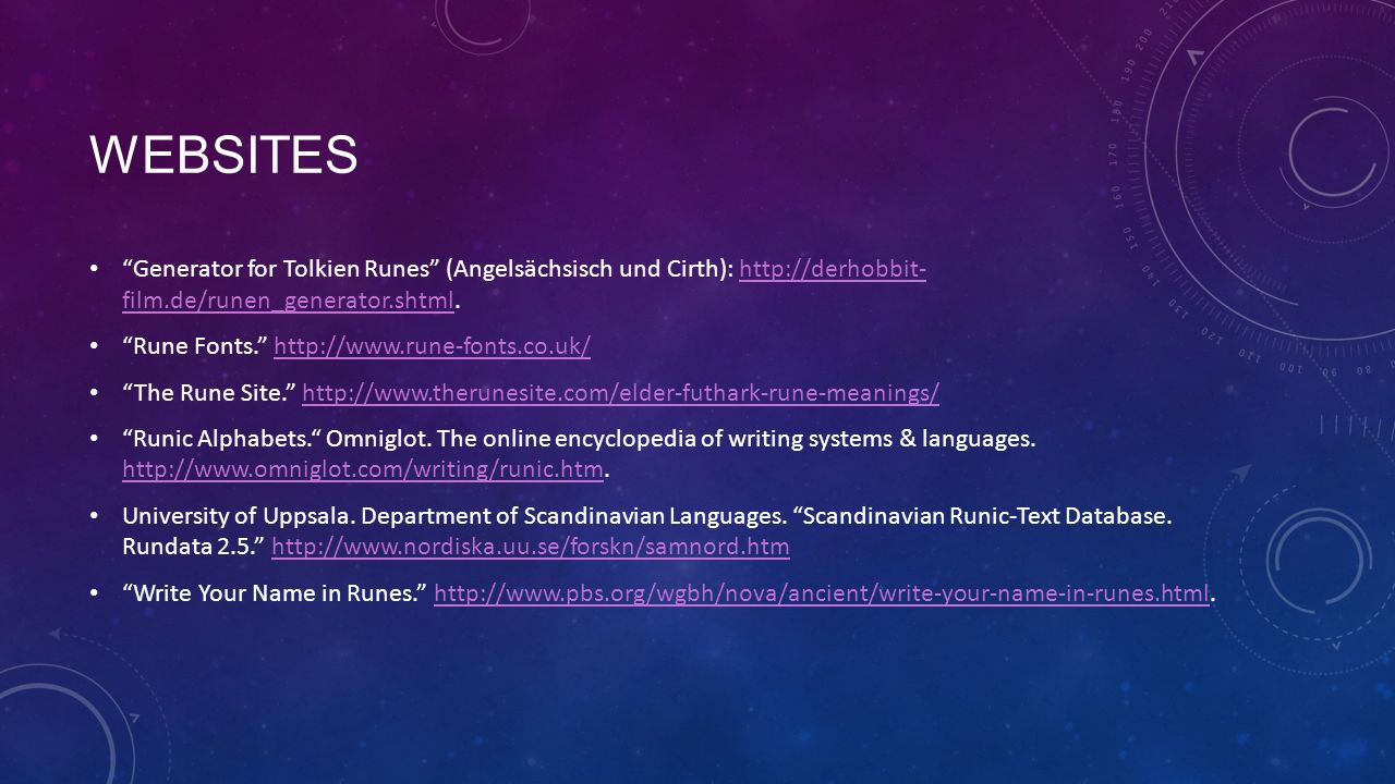 websites Generator for Tolkien Runes (Angelsächsisch und Cirth):   film.de/runen_generator.shtml.