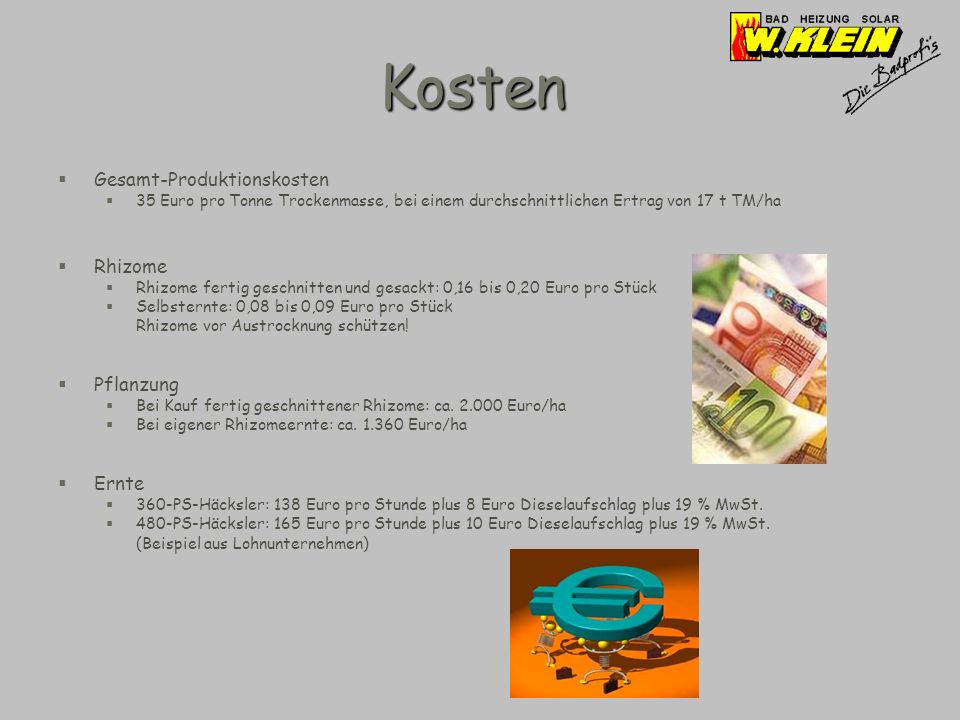 Kosten Gesamt-Produktionskosten Rhizome Pflanzung Ernte