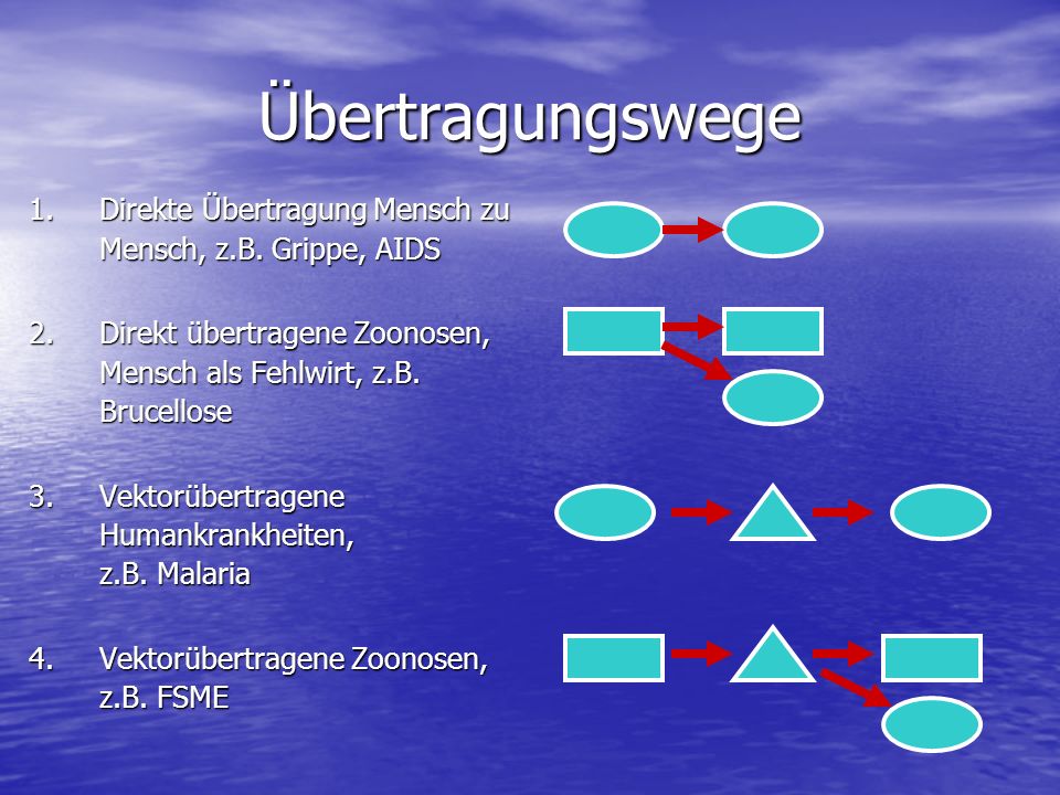 Übertragungswege Direkte Übertragung Mensch zu Mensch, z.B. Grippe, AIDS. Direkt übertragene Zoonosen, Mensch als Fehlwirt, z.B. Brucellose.