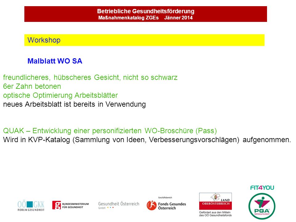 Betriebliche Gesundheitsförderung Maßnahmenkatalog ZGEs Jänner 2014