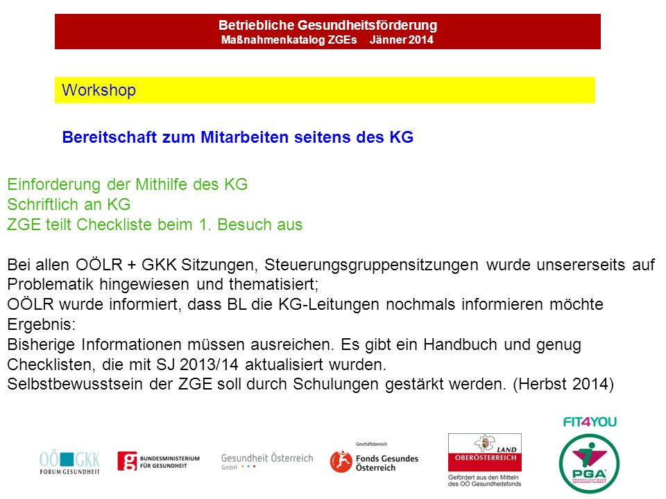 Betriebliche Gesundheitsförderung Maßnahmenkatalog ZGEs Jänner 2014