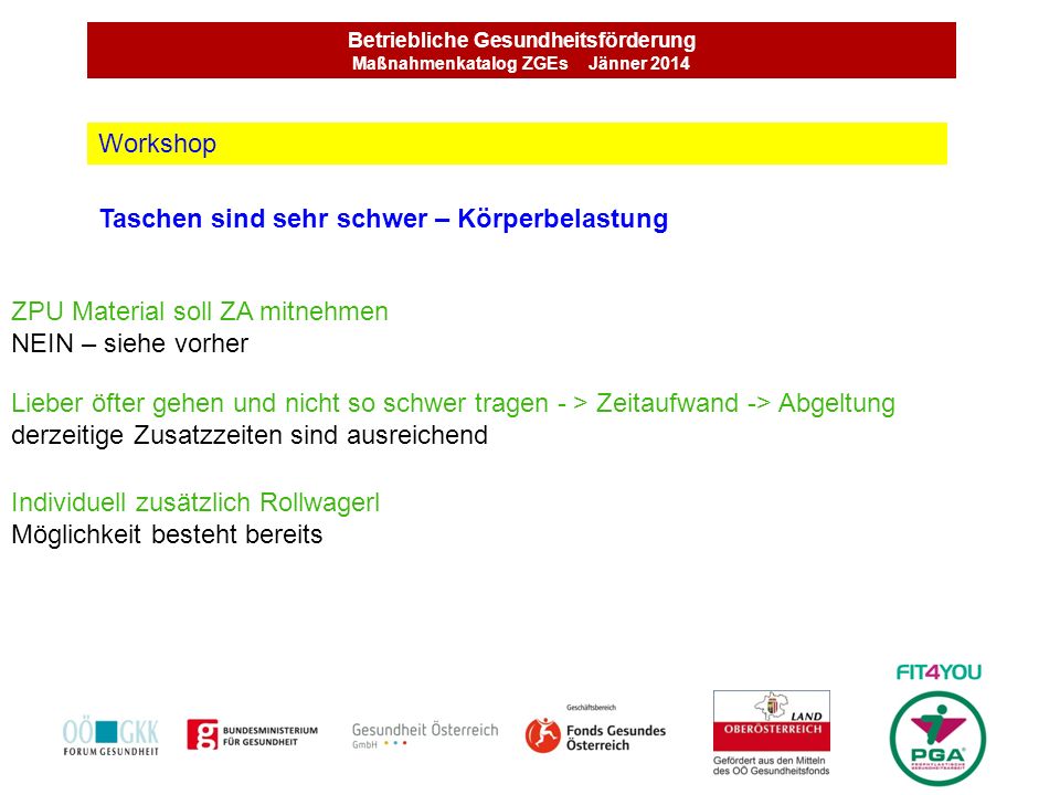 Betriebliche Gesundheitsförderung Maßnahmenkatalog ZGEs Jänner 2014
