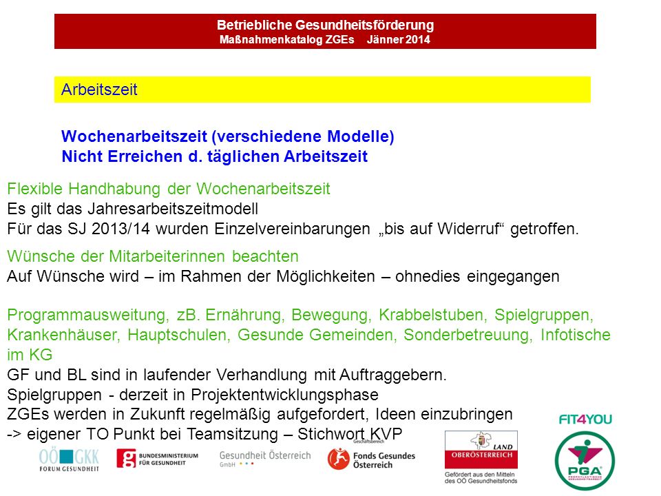 Betriebliche Gesundheitsförderung Maßnahmenkatalog ZGEs Jänner 2014
