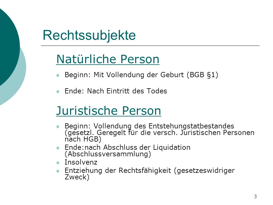 Rechtssubjekte Natürliche Person Juristische Person