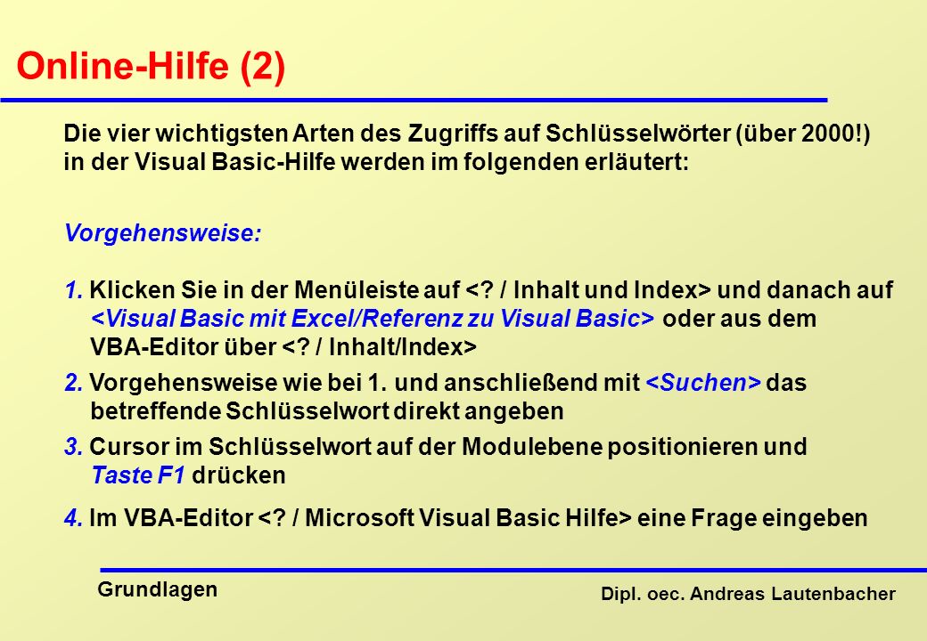 Online-Hilfe (2) Die vier wichtigsten Arten des Zugriffs auf Schlüsselwörter (über 2000!) in der Visual Basic-Hilfe werden im folgenden erläutert: