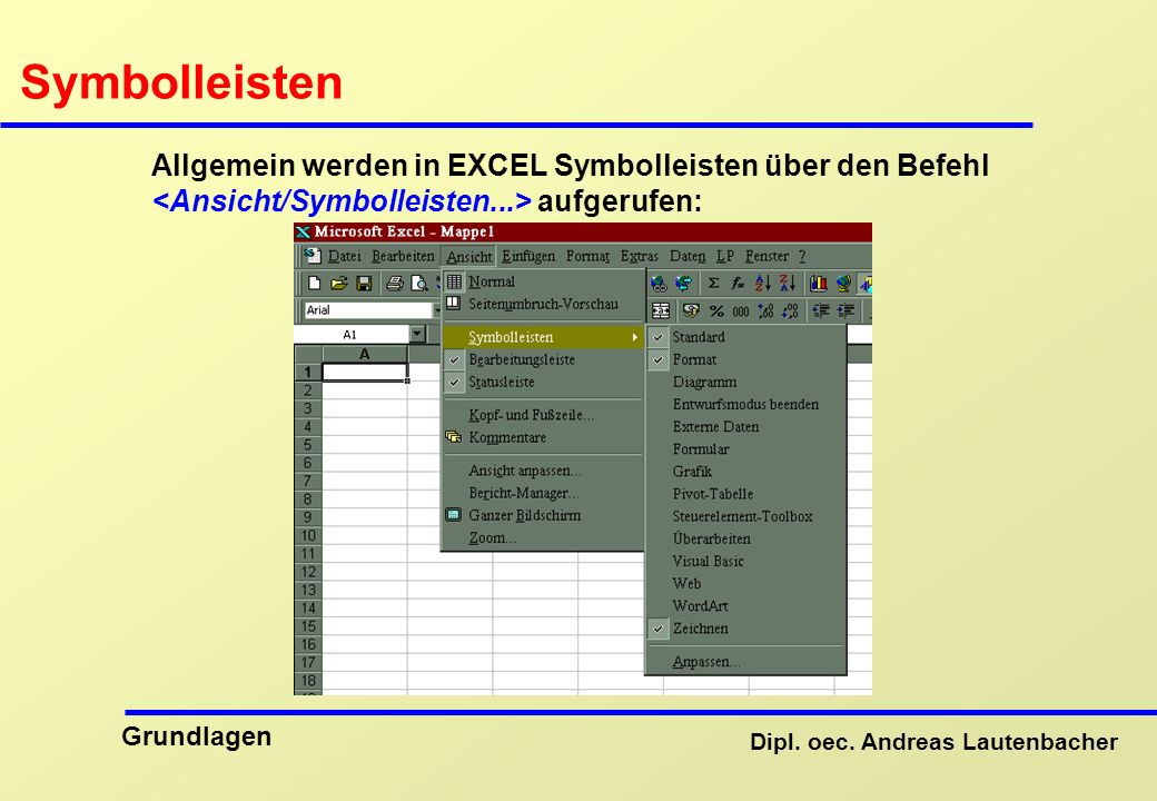 Symbolleisten Allgemein werden in EXCEL Symbolleisten über den Befehl <Ansicht/Symbolleisten...> aufgerufen: