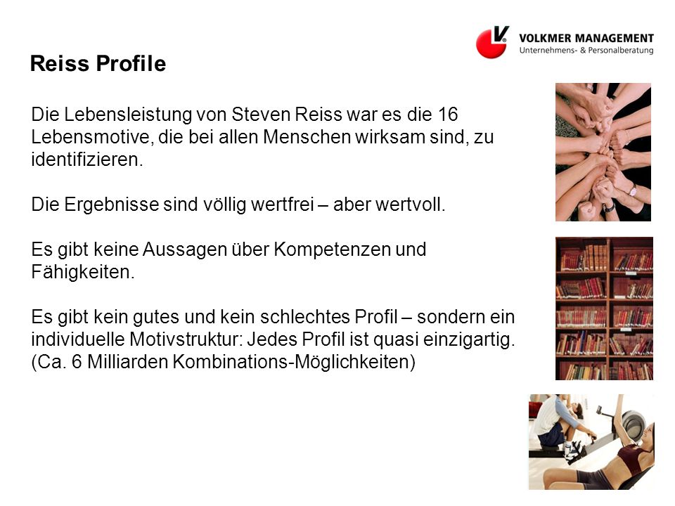 Reiss Profile Die Lebensleistung von Steven Reiss war es die 16 Lebensmotive, die bei allen Menschen wirksam sind, zu identifizieren.