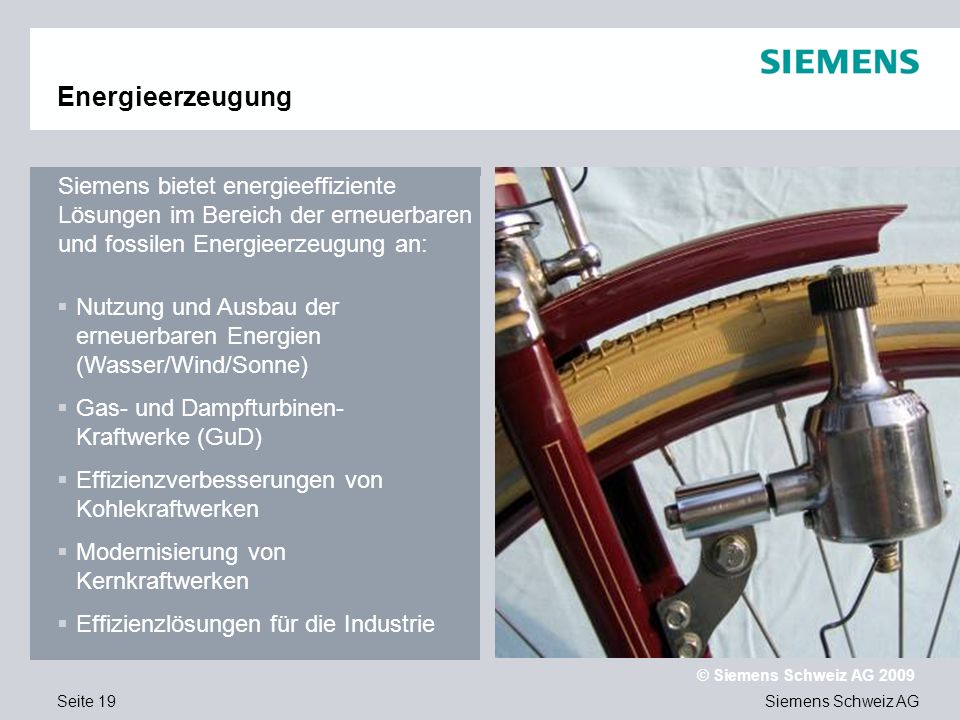 Text Energieerzeugung. Siemens bietet energieeffiziente Lösungen im Bereich der erneuerbaren und fossilen Energieerzeugung an: