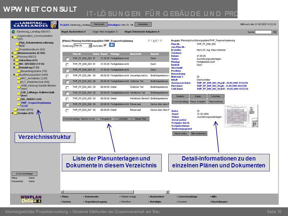 Liste der Planunterlagen und Dokumente in diesem Verzeichnis