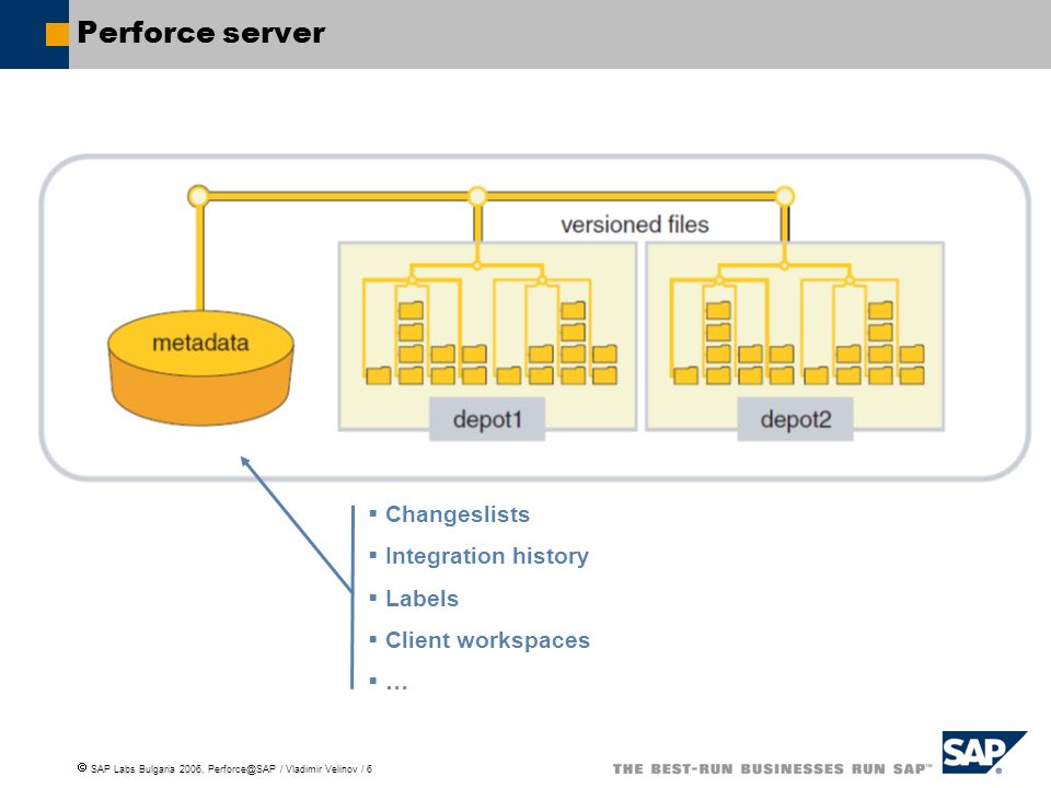 Perforce server Changeslists Integration history Labels