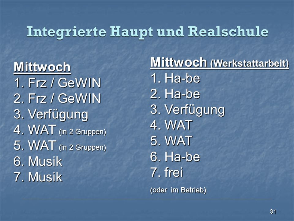 Mittwoch (Werkstattarbeit) 1. Ha-be 2. Ha-be 3. Verfügung 4. WAT