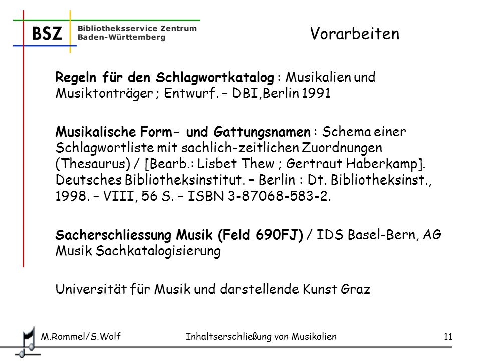 Vorarbeiten Regeln für den Schlagwortkatalog : Musikalien und Musiktonträger ; Entwurf. – DBI,Berlin