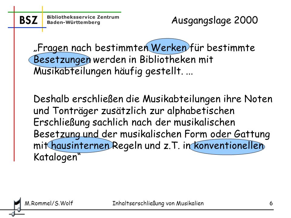 Ausgangslage 2000 „Fragen nach bestimmten Werken für bestimmte Besetzungen werden in Bibliotheken mit Musikabteilungen häufig gestellt. ...