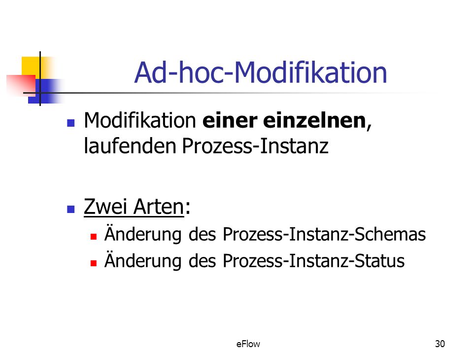 Ad-hoc-Modifikation Modifikation einer einzelnen, laufenden Prozess-Instanz. Zwei Arten: Änderung des Prozess-Instanz-Schemas.
