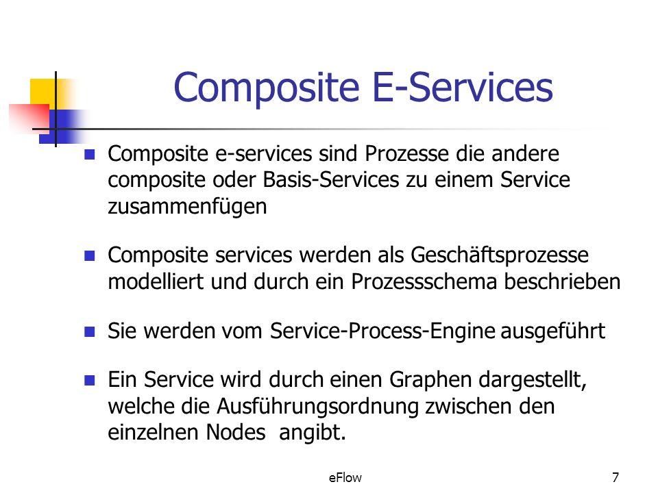 Composite E-Services Composite e-services sind Prozesse die andere composite oder Basis-Services zu einem Service zusammenfügen.