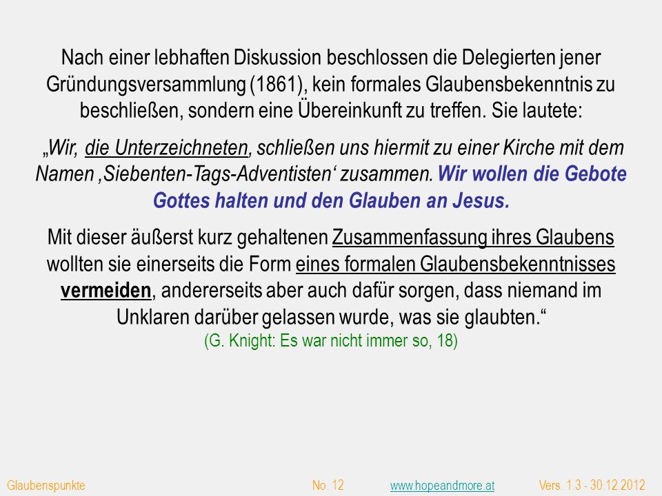 Die erste von Uriah Smith ‘Glaubenserklärung‘ von 1872 mit 25 Punkten