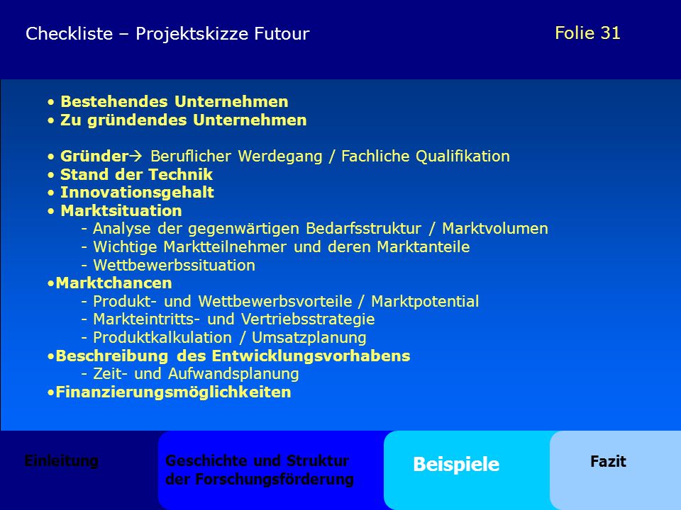 Beispiele Checkliste – Projektskizze Futour Bestehendes Unternehmen